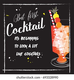 Vector illustration of cocktails. Hand drawn sketch of summer fresh drinks cosmopolitan with slice of lime and straw. Bar menu design. Template for card and poster