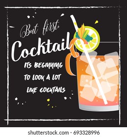 Vector illustration of cocktails. Hand drawn sketch of summer fresh drinks cosmopolitan with slice of lime and straw. Bar menu design. Template for card and poster