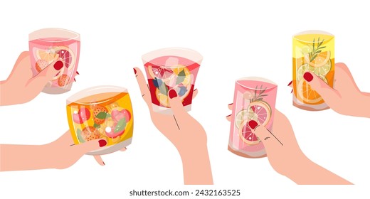 Vector illustration. Cocktails in hand, party, friends, drinks. Design elements, isolated background, white background, hands holding cocktails, summer drinks.