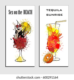 Vector illustration of cocktails menu drawing Tequila sunrise and sex on the beach with orange. Watercolor cocktail banners.Alcohol, Summer drinks. Spray, spot watercolor effect.