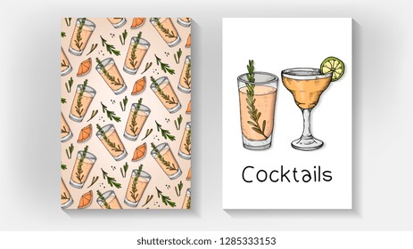 Vector Illustration of Cocktails Menu Template with Cocktail Glasses Sketch Style