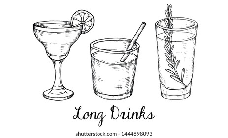 Vector Illustration of Cocktails Menu Template with Cocktail Glasses Sketch Style