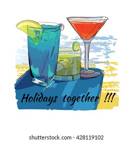 Vector illustration of cocktails set for beach. Holidays together. Hand drawn sketch elements for beach.