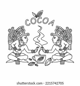 Ilustración vectorial del cacao y la población azteca sobre un fondo blanco. Dibujo en blanco y negro.