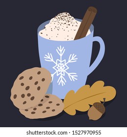 Vector illustration of cocoa with cinnamon and cookies
