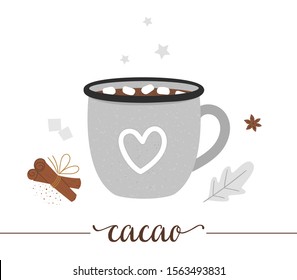 Vector illustration of cocoa in enamel cup isolated on white background. Winter traditional drink. Holiday hot beverage with marshmallow, sugar, anise, cinnamon