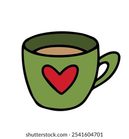 Vector illustration. Cocoa in a green mug with a heart. Cartoon design element