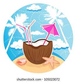 Vector illustration of coconut cocktail on tropical beach. Separate layers.