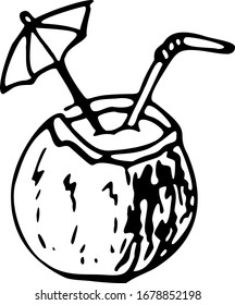 Vector illustration of a coconut with a cocktail, a straw and an umbrella. Primitive black and white doodle sketch, hand-drawn