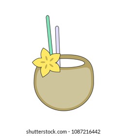 Vector illustration coconut cocktail with straws isolated on white background. Summer cocktail coconut drink icon.