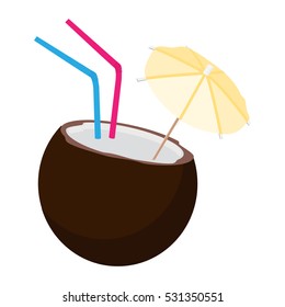 Vector illustration coconut cocktail  with umbrella and straw isolated on white background. Summer cocktail coconut drink icon