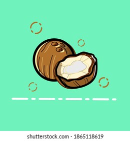 Vector illustration of coconut with color out of the line and surrounded by bubbles in incomplete icon style. Colored fruit icon. Fruit mascot design.