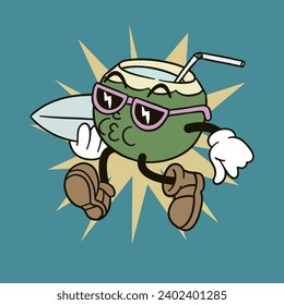 vector illustration of a coconut going surfing in retro cartoon style