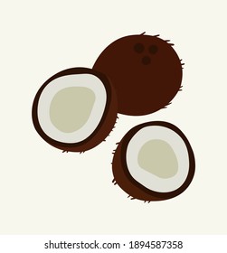 Vector illustration of coconut and half of coconut, on a beige background. Hand-drawn exotic fruits in bright colors. Suitable for illustrating healthy eating, recipes, local farm. 