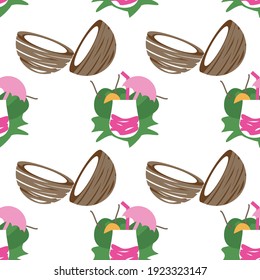 Vector illustration of coconut halves, a drink with an umbrella, a straw, and an orange slice. Seamless pattern with a white background.