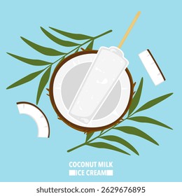 Vector illustration of coconut ice cream on a stick served in a coconut shell. Fruit. Top view. Suitable for hot weather. Refreshing summer dessert. Street food. Asian. For food and culture theme.
