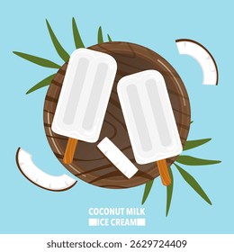 Vector illustration of coconut ice cream on a stick served in a coconut shell. Fruit. Top view. Suitable for hot weather. Refreshing summer dessert. Street food. Asian. For food and culture theme.
