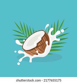 Vector illustration, Coconut and leaf with milk splash, perfect as a packaging label, promotional poster or World Coconut Day banner.