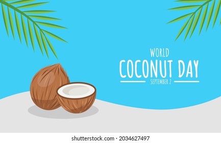 Ilustración vectorial, Coconut y hojas, como pancarta, afiche o plantilla, Día Mundial del Coco.