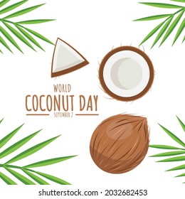 Vector illustration, Coconut and leaves isolated on white background, as a banner, poster or template, World Coconut Day.