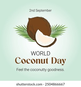 Vektorgrafik, Kokosnuss und Blätter einzeln auf weißem Hintergrund, als Banner, Poster oder Vorlage, World Coconut Day.