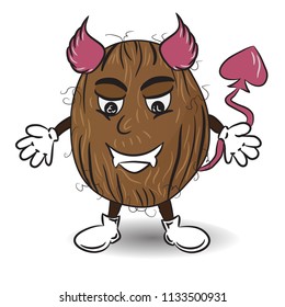 Vector Illustration of Coconut like an Evil. Cartoon Tropical Personage. Drawing for Stickers Pack, Emoji, Messengers, Chat and etc