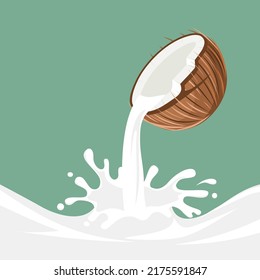 Ilustración vectorial, coco con salpicadura de leche, diseño de elementos para envasado, publicidad.