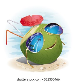Vector illustration of a coconut on the beach, wearing sunglasses