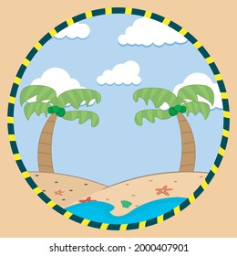 Ilustración vectorial del coco en la isla, tema del verano y fondo de la playa.