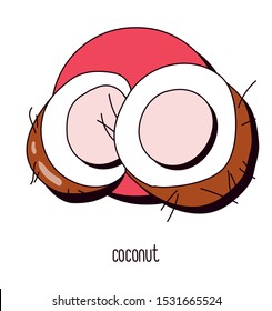 Vector illustration of coconut on a light background with handwritten name.