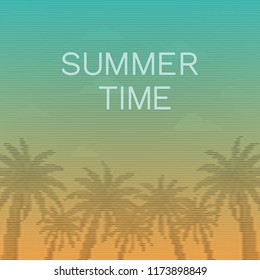 Vector illustration with coconut palms, sunset sky and text "summertime" in vintage style. Scene with sky and palm trees for invite to summer beach or pool party or for print, card, poster and banner.