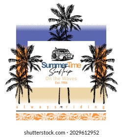 Vector illustration of coconut palms, surfer car in graphic composition with text depicting surfing.