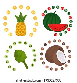 ilustración vectorial de coco, piña, alcachofa y sandía. Sobre el tema de la nutrición adecuada y saludable. Alimentos ricos en vitaminas C y B.