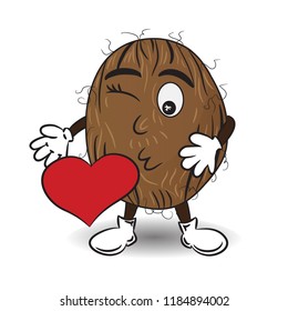 Vector Illustration of Coconut is Sending a Kiss with Red Heart. Cartoon Tropical Personage. Drawing for Stickers Pack, Messengers, Chat and etc