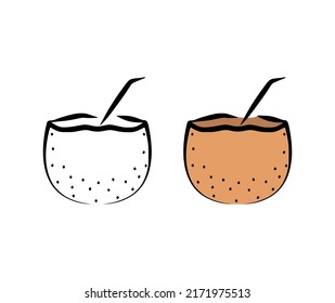 Vector illustration of coconut with straw in hand drawn style isolated on white background