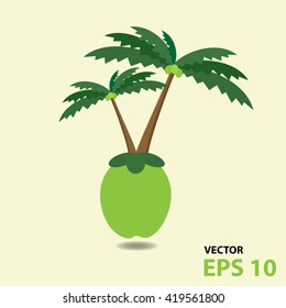 Vector illustration of coconut tree on coconut, flat design summer concept
