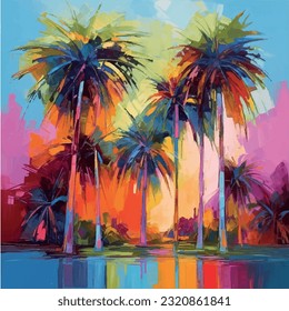 vector illustration coconut tree painting with rainbow coloring eps.10