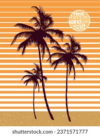 Vector illustration of coconut tree silhouette in composition of Sun and text and stripes in the background. Art in graphic style for prints, stickers, decoration, etc.
