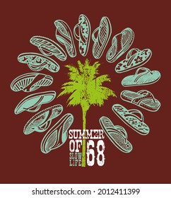 Vector illustration of coconut tree with stylized slippers around. T-shirt art in laid-back and rustic lines.