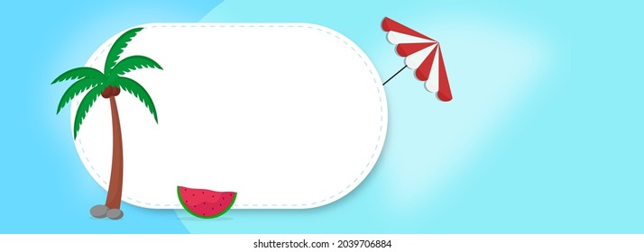Vector Illustration Of Coconut Tree With Watermelon Slice, Umbrella And Copy Space On Blue Background.