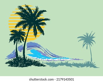 Vector illustration of coconut trees silhouette with waves and sun in the background.