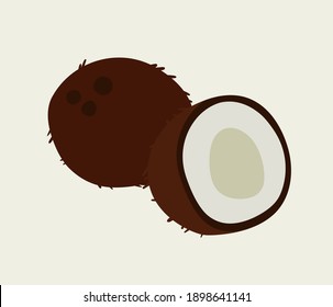 Vector illustration of coconut and two halfs of coconuts, on a beige background. Hand-drawn exotic fruits in bright colors. Suitable for illustrating healthy eating, recipes, local farm. 