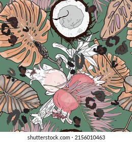 Ilustración vectorial de cocos, flores tropicales, hojas de palma, textura de tigre. Patrón de flores tropicales, cocos.