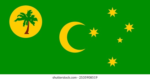 Vector illustration of the Cocos (Keeling) Islands flag featuring green and yellow colors with stars and a palm tree emblem. Perfect for patriotic projects, cultural representations, and pride