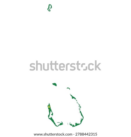 Vector illustration of the Cocos (Keeling) Islands in the shape of its atoll outline, filled with the flag-inspired colors. Clean flat design featuring green field with yellow crescent moon and palm tree emblem. Minimal geographic silhouette suitable for education, travel, and infographic use. Isolated scalable composition for digital and print projects.