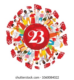 vector illustration of the cocuk baryrami 23 nisan , translation: Turkish April 23 National Sovereignty and Children's Day, graphic design to the Turkish holiday. children of different vector