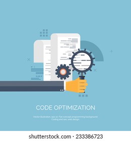 Vector illustration. Code optimization. Flat computing background. Programming and coding. Web development and search. Search engine optimization. Innovation and technologies. Mobile app.