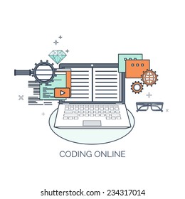 Vector illustration. Coding. Flat computing background. Programming and coding. Web development and search. Search engine optimization. Innovation and technologies. Mobile app.