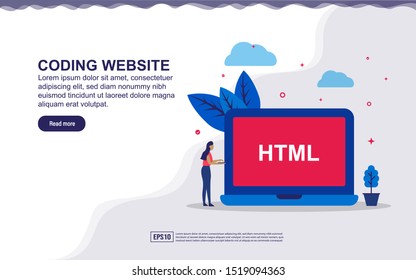 Vector illustration of coding website & web developer concept with tiny people. Illustration for landing page, social media content, advertising. easy to edit and customize.