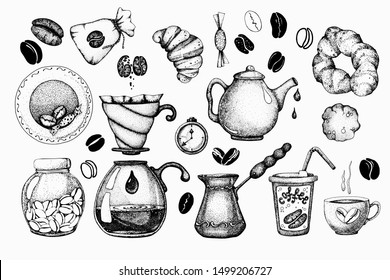 Vector illustration with coffee attributes and an alternative type of preparation of a drink in a funnel. Collection for design menu, cafe, restaurant, blackboard, advertisement, background